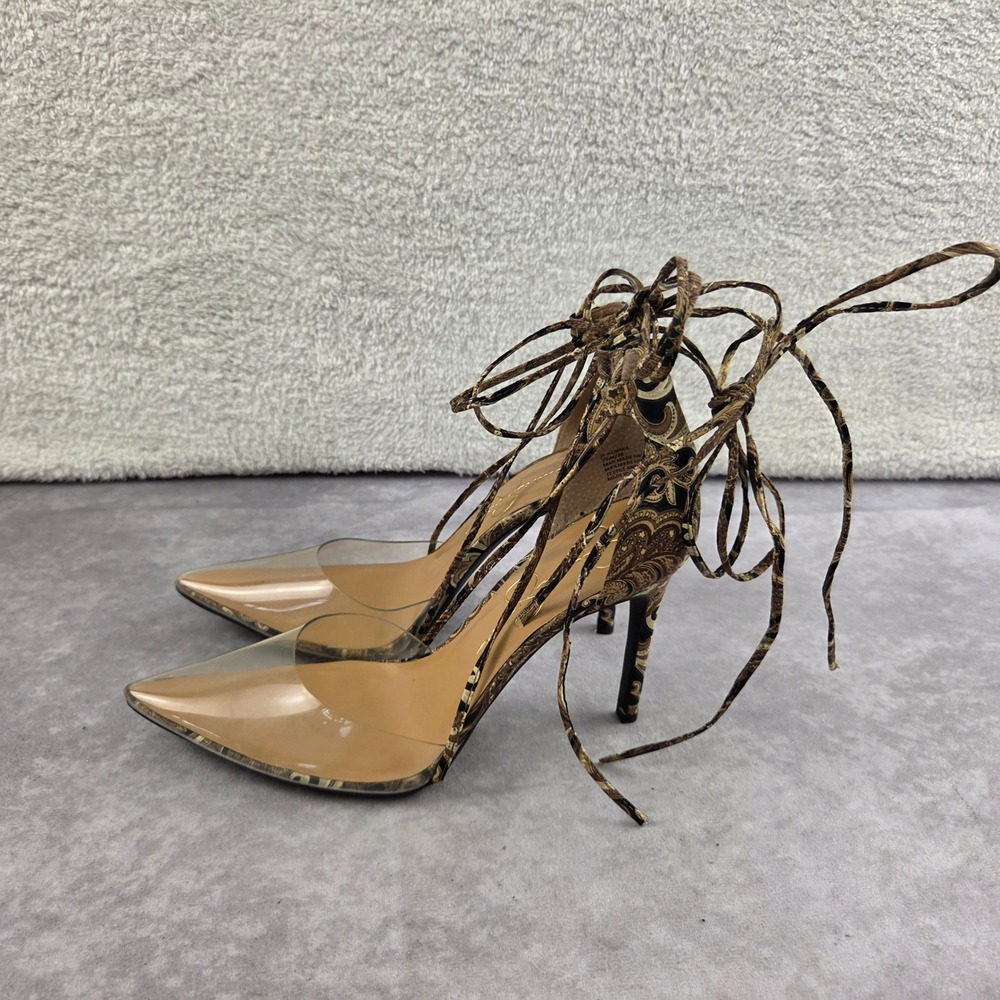 Jessica Simpson Paisley Clear PVC Lace Up Ankle Wrap Stiletto Pumps Brown 7.5M